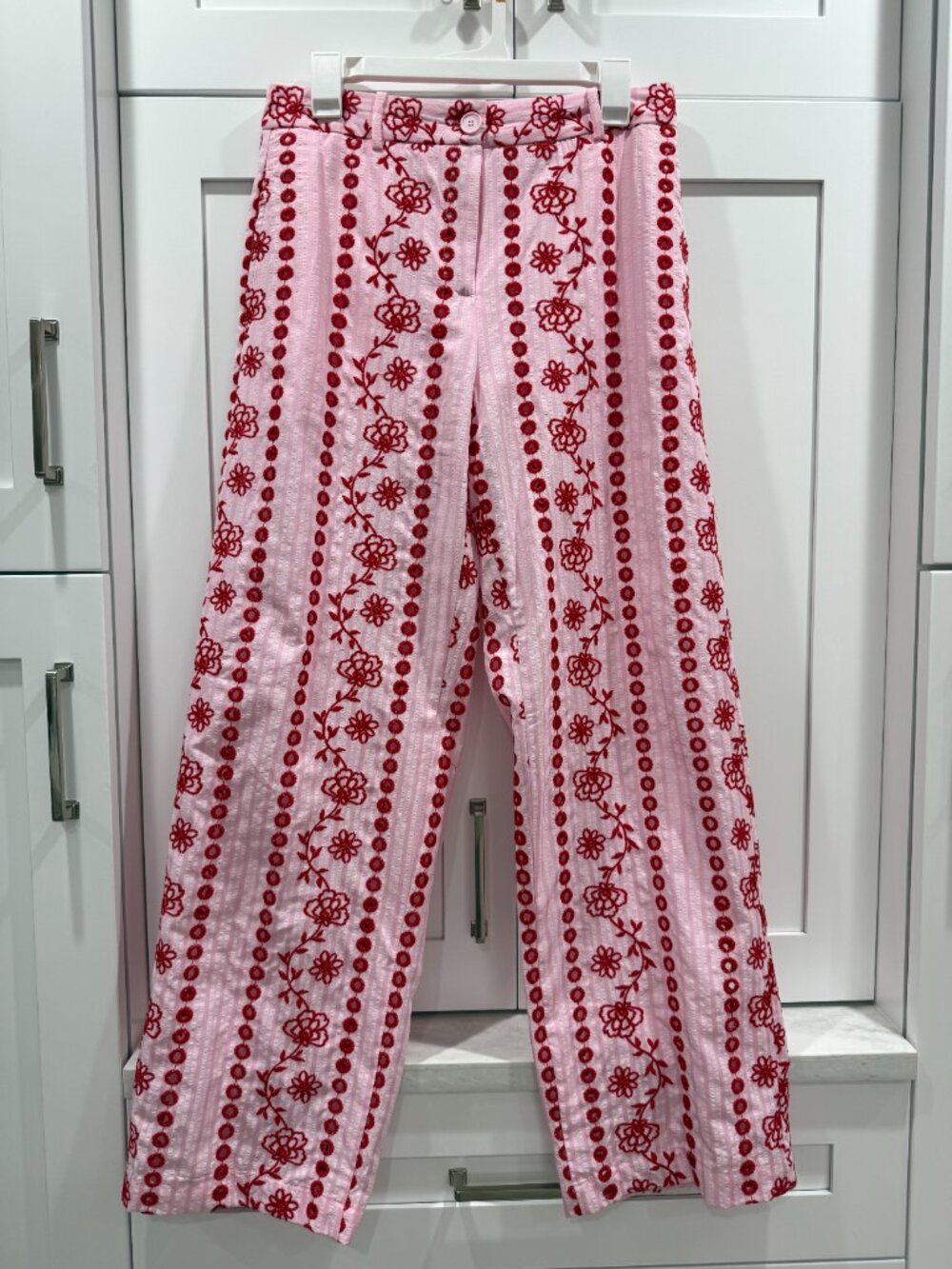 ZARA Pink & Red Seersucker Embroidery Pants